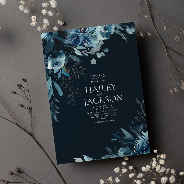 Botaniska marinens blå vattenfärg blommigt bröllop inbjudningar (Botanical navy blue teal watercolor floral wedding invitation )