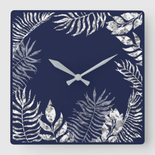 Botaniska metalliska silver Grått Blue Navy Handfl Fyrkantig Klocka