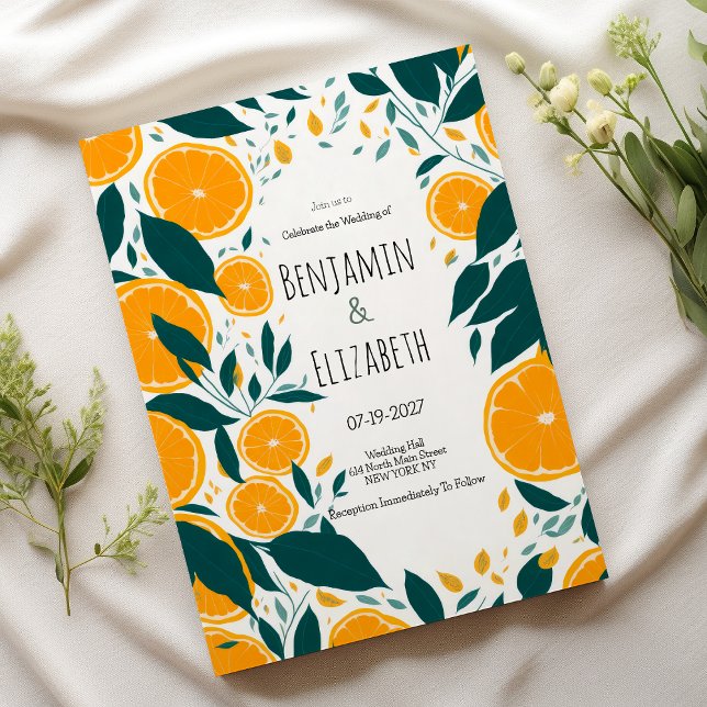 Botaniska mörk grönt citrusfrukter orange Bröllop Inbjudningar (Botanical dark green citrus orange fruit Wedding)