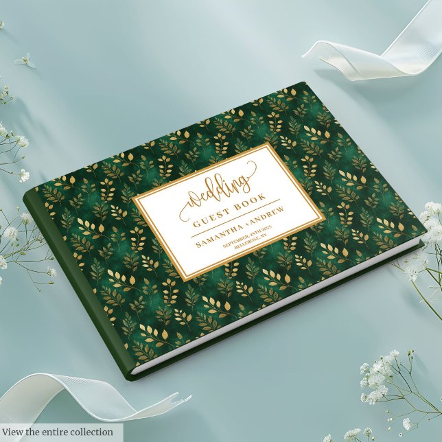 Botaniska Mörk grönt gästen och Guld Bröllop Bok (Botanical Dark Green And Gold Wedding Guest Book)