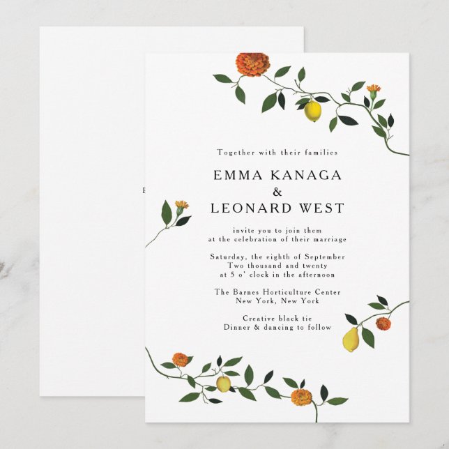 Botaniska naturreservat, citroner och Marigolds In Inbjudningar (Fram/baksida)