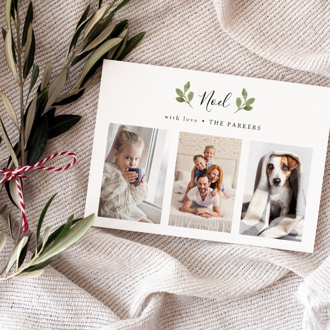 Botaniska Noel | Tre ftominimala jultider Julkort (A simple and elegant Christmas card with greenery and a photo grid)