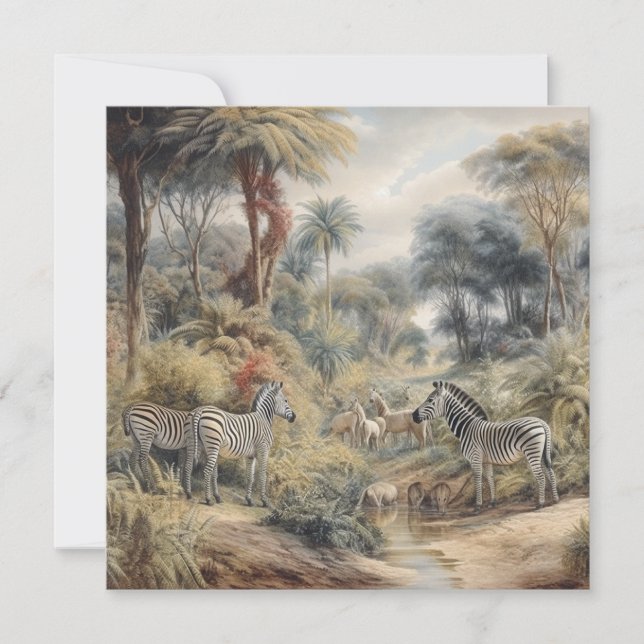 Botaniska områden med zebror och lejon i oasis (Framsida)