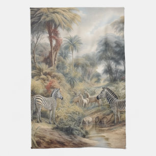 Botaniska områden med zebror och lejon i oasis kökshandduk