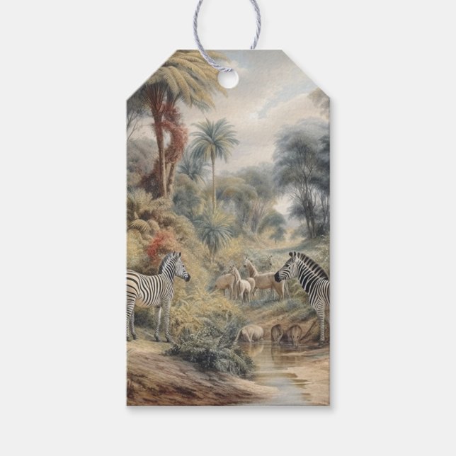 Botaniska områden med zebror och lejon i oasis presentetikett (Framsidan)