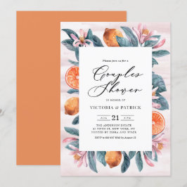 Botaniska Orangar och Rosa Blommar Par Shower Inbjudningar