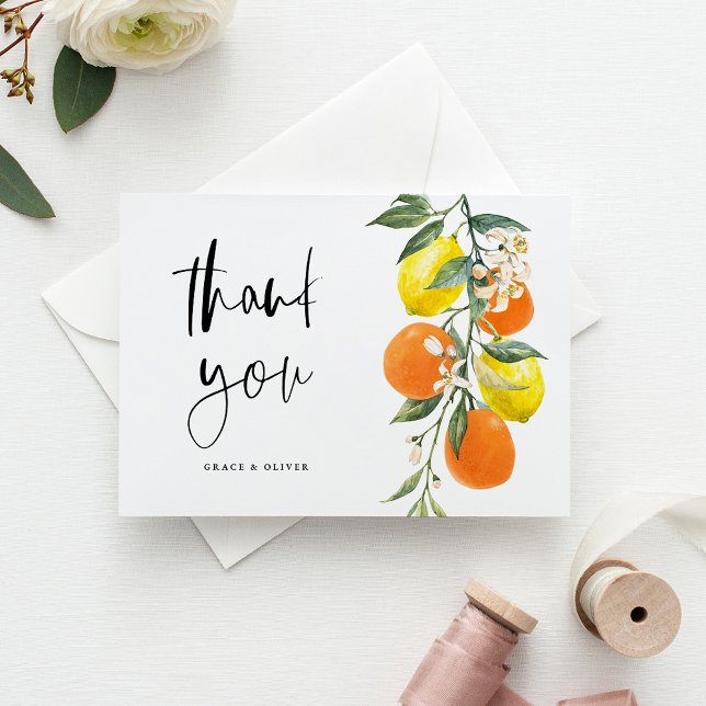 Botaniska Orangen och Lemon Bröllop Tack Vykort (Botanical Orange and Lemon Wedding Thank You Postcard)