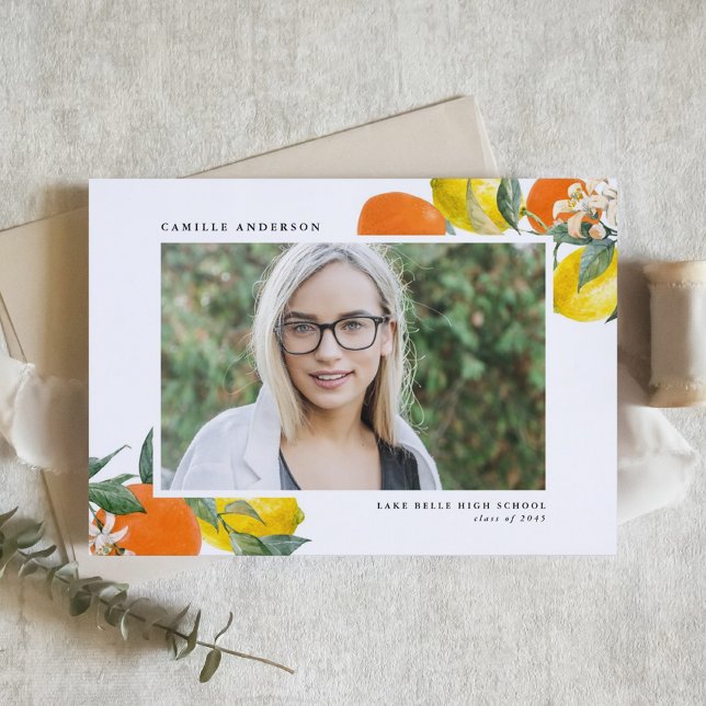 Botaniska Oranges and Lemons Fotoexamen Meddelande (Botanical Oranges and Lemons Photo Graduation Announcement)
