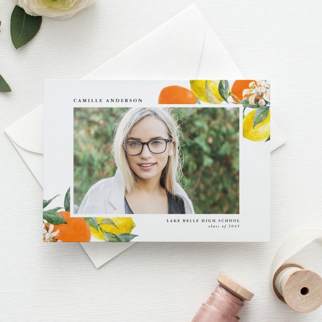 Botaniska Oranges and Lemons Fotoexamen Meddelande Vykort (Botanical Oranges and Lemons Photo Graduation Announcement Postcard)