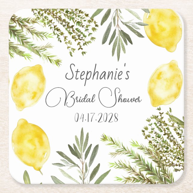 Botaniska örter citroner vattenfärg bröllopsdusch  underlägg papper kvadrat (Framsidan)
