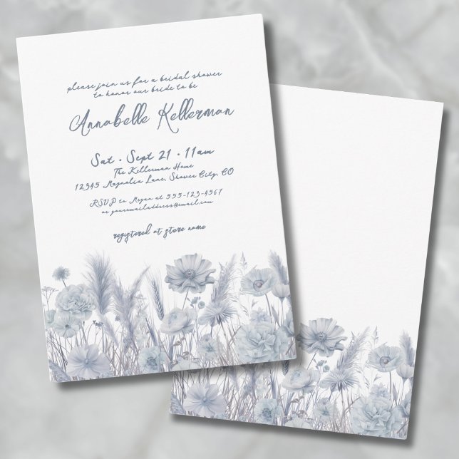 Botaniska pampas Blommigt Dusty Blue Möhippa Inbjudningar (Botanical Pampas Floral Dusty Blue Bridal Shower Invitation)
