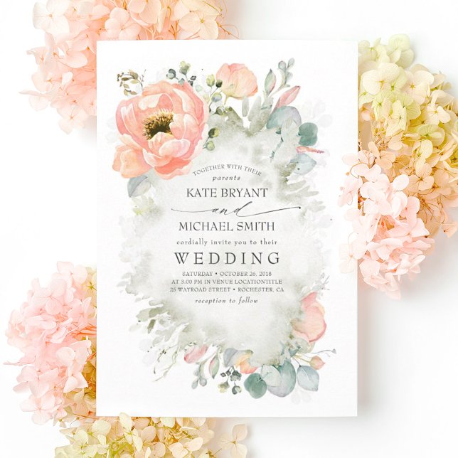 Botaniska persikoblommor Elegant Garden Wedding Inbjudningar (Skapare uppladdad)