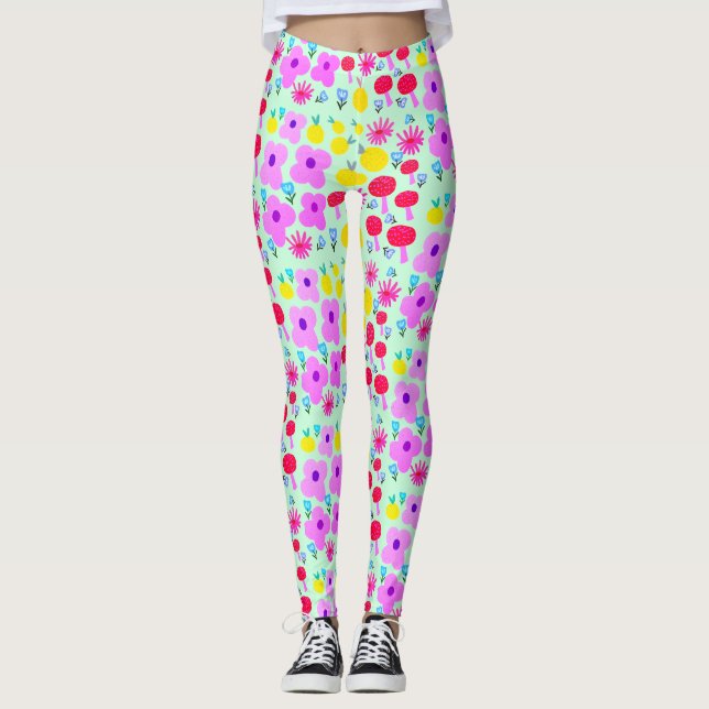 Botaniska PomPoms i tryck överallt på leggings (Framsida)