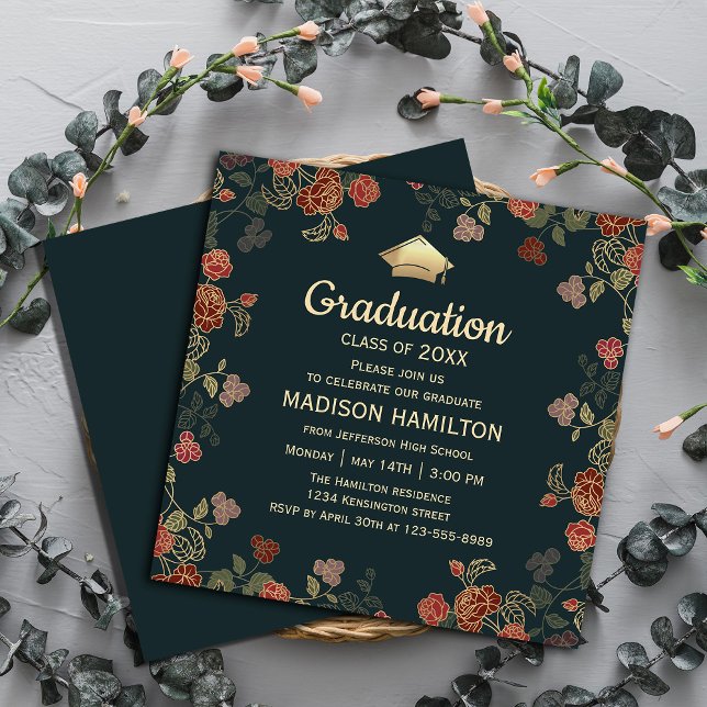 Botaniska Röda och Guld Studentfesten Inbjudningar (Elegant Red and Gold Graduation Party Invitation #graduationinvitation #botanical #graduate#greenery)