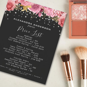 Botaniska Rosa Blommor Diamant Glitter Svart Salon Flygblad