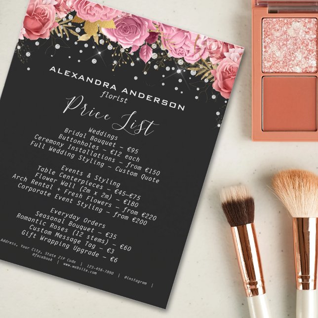 Botaniska Rosa Blommor Diamant Glitter Svart Salon Flygblad (Botanical Pink Flowers Diamond Glitter Black Salon Flyer)