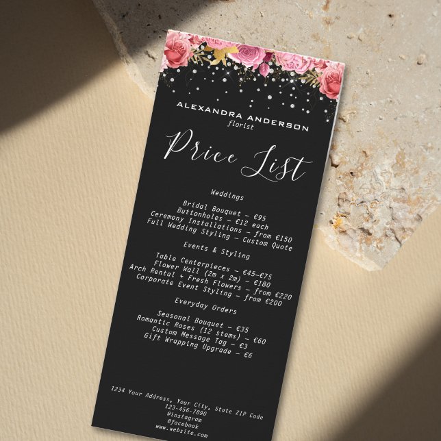 Botaniska Rosa Blommor Diamant Glitter Svart Salon Reklamkort (Botanical Pink Flowers Diamond Glitter Black Salon Rack Card)