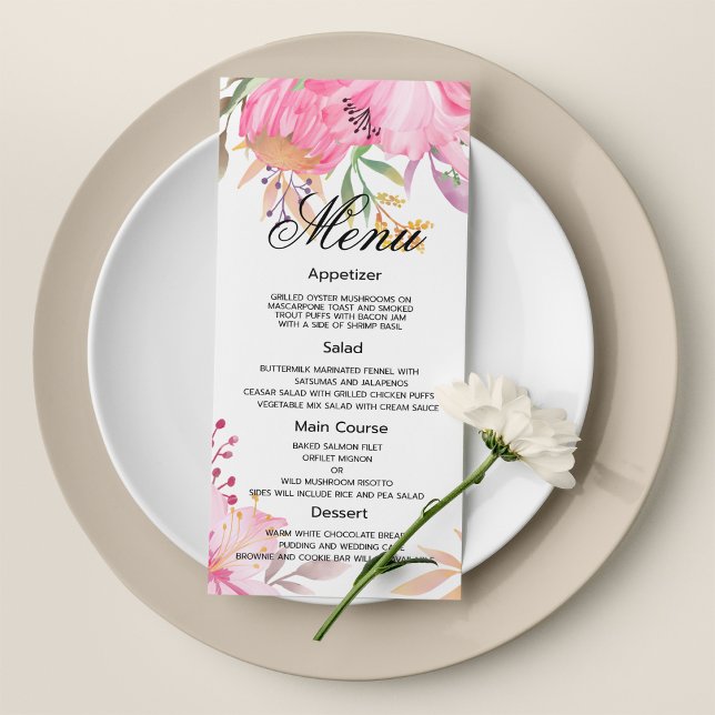 Botaniska rosa vattenfärgblommor Bröllop Menu Program (Botanic pink watercolor flowers Wedding Menu)