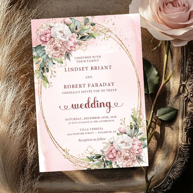 Botaniska Roséguld Bröllopsinbjudningar med Blush Inbjudningar (Botanical Blush Rose Gold Elegant Wedding Invitation)