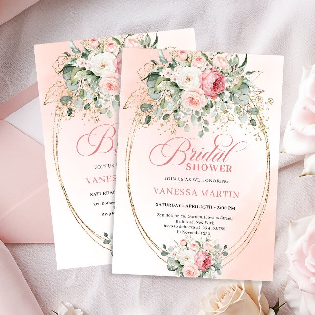 Botaniska rosor bröllopsfest gul inbjudan (Botanical Blush Roses Bridal Shower Gold Invitation)