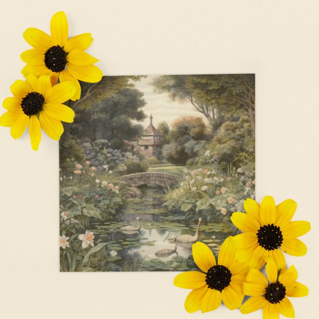 Botaniska scenen svanar i en engelsk trädgård julkort (Skapare uppladdad)