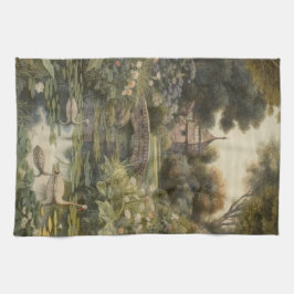 Botaniska scenen svanar i en engelsk trädgård kökshandduk
