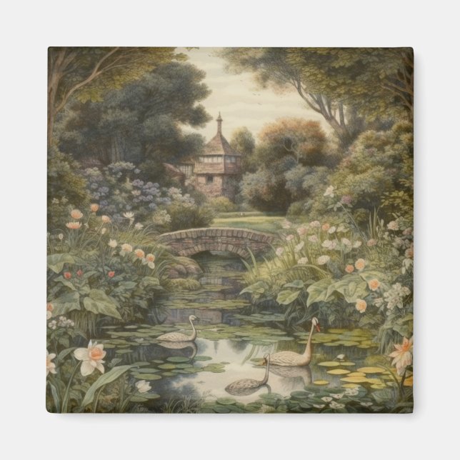 Botaniska scenen svanar i en engelsk trädgård magnet (Framsidan)