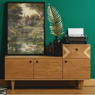 Botaniska scenen svanar i en engelsk trädgård poster