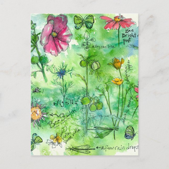 Botaniska Sketchbook Butterfly Watercolor Flowers Vykort (Framsida)