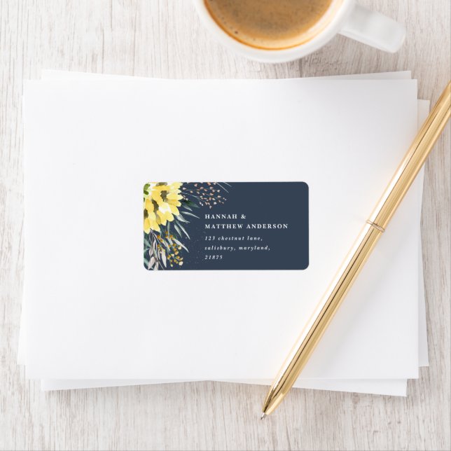 Botaniska solrosor eucalyptus rustik marin blått adressetikett (Insitu)