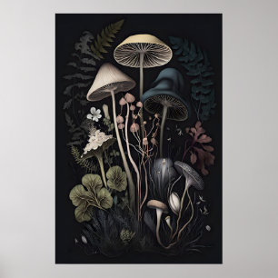 Botaniska svampar Mörkt Cottagecore tryck, Mörkt Poster