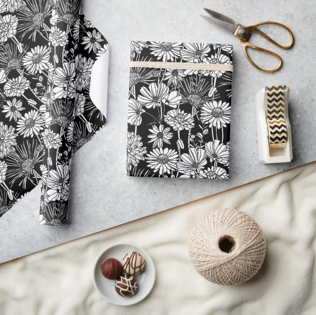 Botaniska svarta vita Daisy Blommigt Art Mönster Presentpapper (Hantverk)