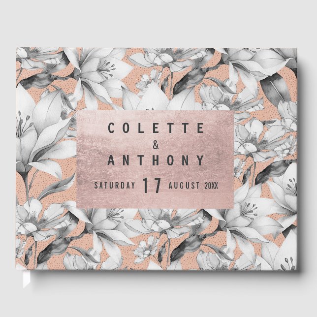 Botaniska svarta vita rosé guldglitter blommor gästböcker (Framsida)