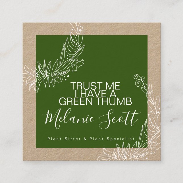 Botaniska Teckning Grönt Garden Plant Sitter Kraft Fyrkantigt Visitkort (Framsida)