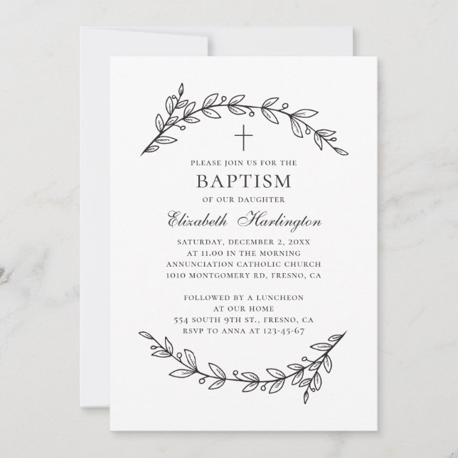 Botaniska trädgården. Elegant svartvit baptism Inbjudningar (Framsida)