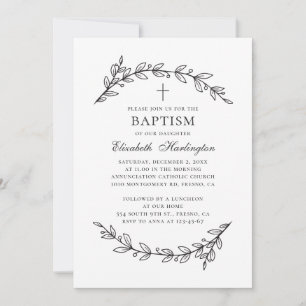 Botaniska trädgården. Elegant svartvit baptism Inbjudningar