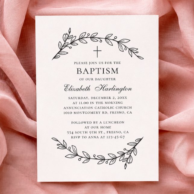 Botaniska trädgården. Elegant svartvit baptism Inbjudningar (Skapare uppladdad)