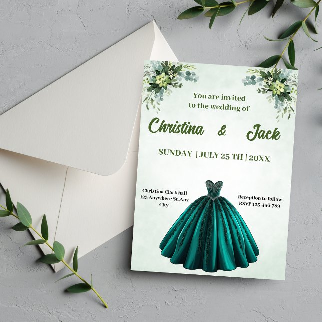 Botaniska trädgårdsmästare Emerald Ballgown Bröllo Inbjudningar (Skapare uppladdad)