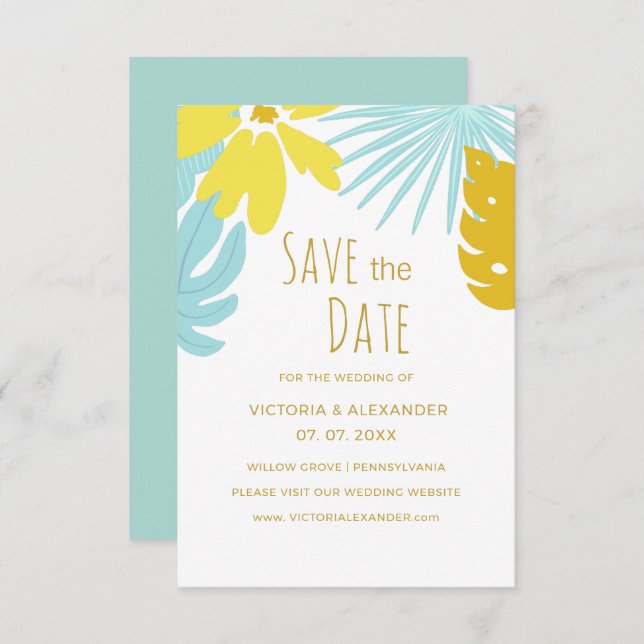 Botaniska tropiska greenery bröllop spara datum inbjudningar (Fram/baksida)