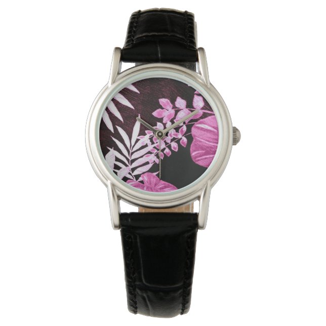 Botaniska tropiska Löv Handflatan Fronds Rosa Armbandsur (Framsida)