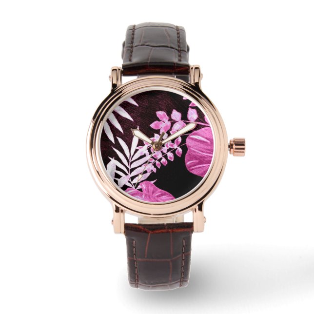 Botaniska tropiska Löv Handflatan Fronds Rosa Armbandsur (Framsida)