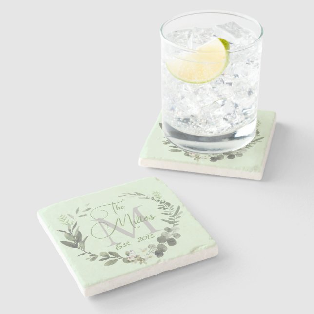 Botaniska vattenfärgen Family Namn Monogram Stenunderlägg (Sidan)