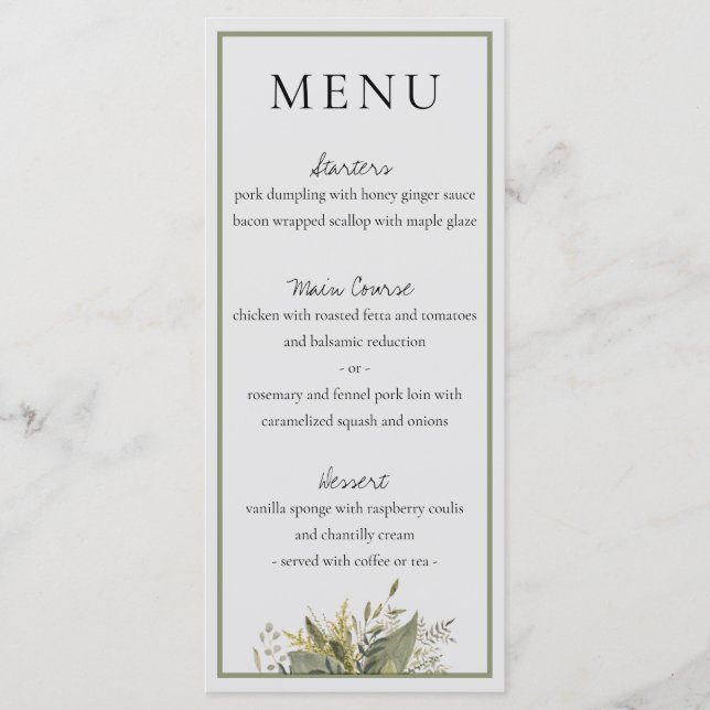 Botaniska vattenfärgen Greenery Bröllop Menu Meny (Framsida)