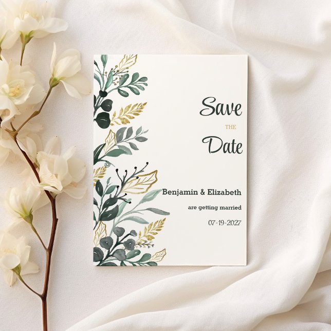 Botaniska vattenfärgen guld greenery Spara datum Inbjudningar (Botanical watercolor gold greenery Save the Date)
