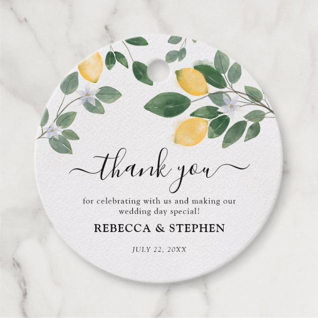 Botaniska vattenfärgen Lemon & Greenery Bröllop Gåvor Etiketter (Framsida)