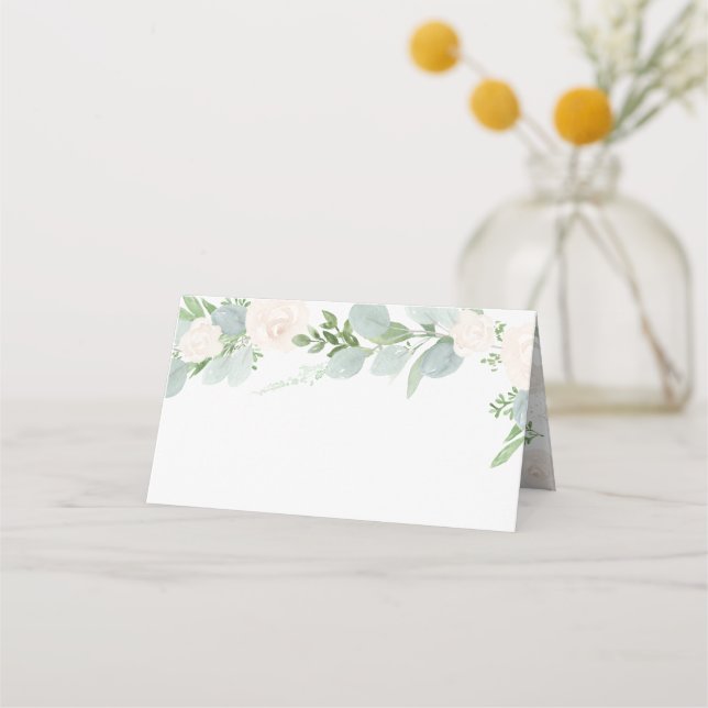 Botaniska vattenfärger Eucalyptus och vita blommor Placeringskort (Framsida)