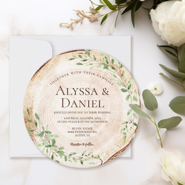 Botaniska vattenfärger Greenery Wood Slice Rustic Inbjudningar (Botanical rustic wood slice wedding round invitation)