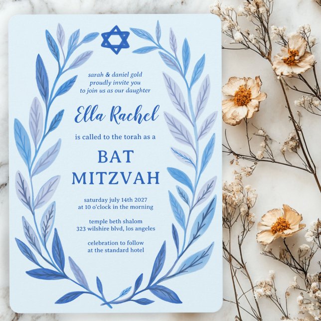 Botaniska vattenfärgsstjärnan på David Pub Bat mit Inbjudningar (Botanical Watercolor Star of David Bar Bat Mitzvah Invitation
)