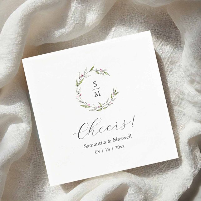 Botaniska vigselmonogramservetter pappersservett (wedding monogram napkins designed with botanical line art by Victoria Grigaliunas Do Tell A Belle)