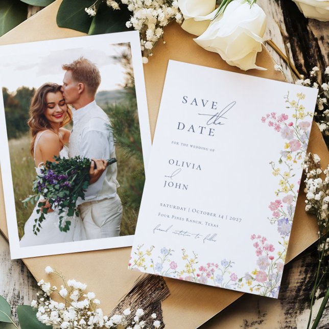 Botaniska vildblommor Bröllop Spara datum Meddelande (Botanical Wildflowers Wedding Save the Date)